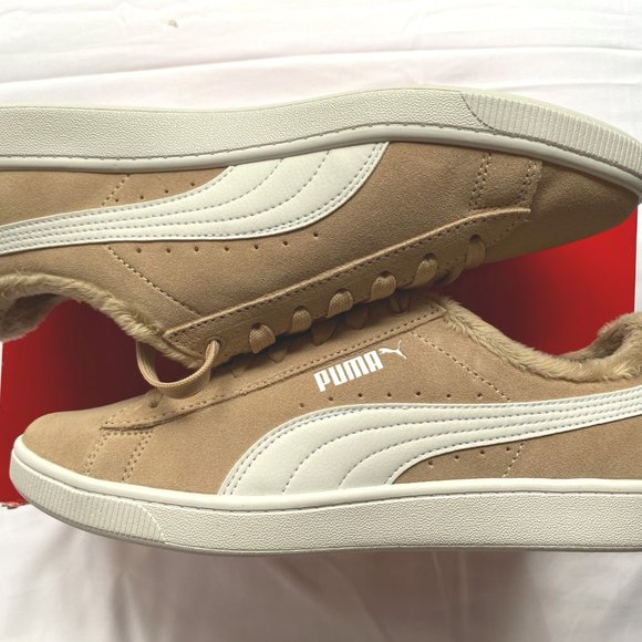 NIB PUMA Vikky V2 Fur Suede Court Sneaker in Nougat/White - Picture 7 of 8